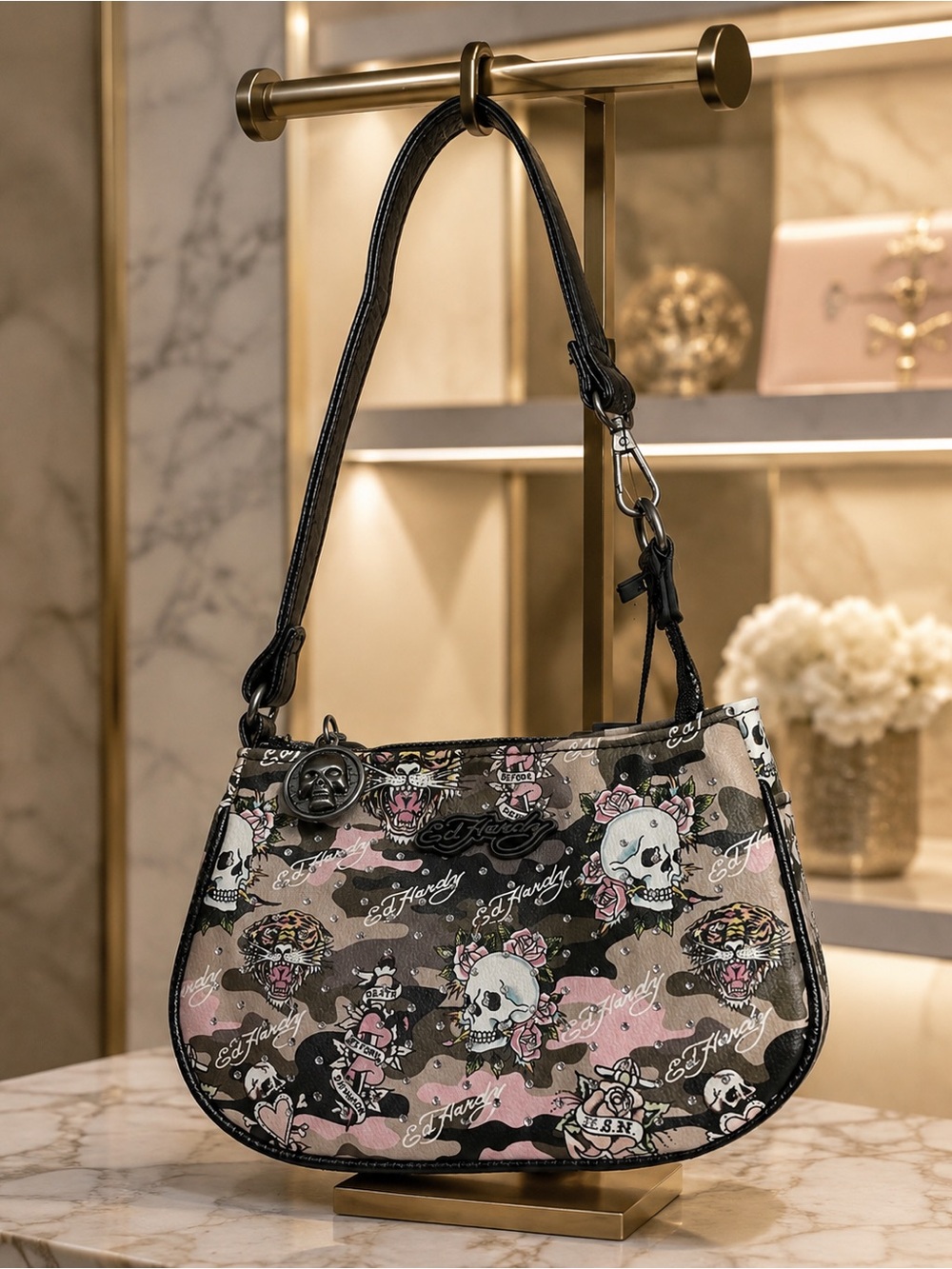 Ed Hardy Black, Pink & Cream Skull Print Shoulder Bag